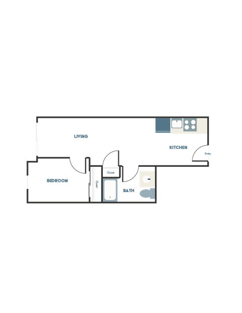 A floor plan of a room with a living area, bedroom, and bathroom.